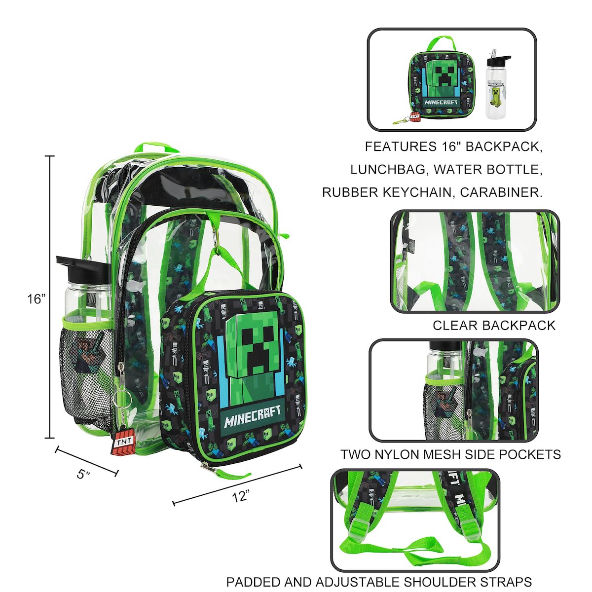 BIOWORLD Unisex Minecraft Creeper 5- Piece Backpack set (Little Kid/Big Kid), Green, One size - Image 3