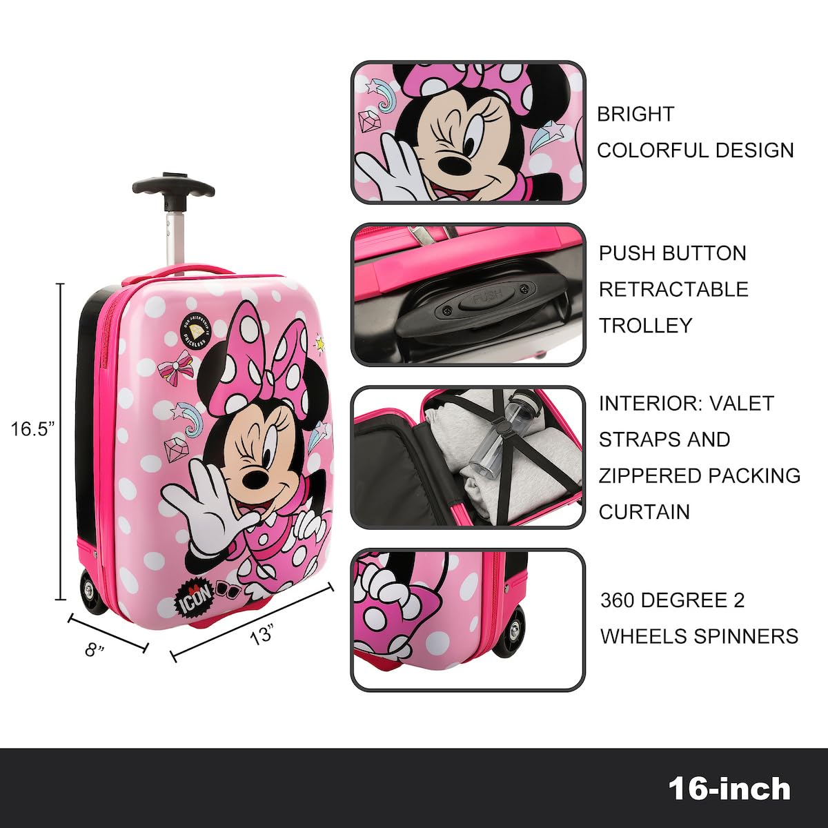 Disney Minnie Mouse Bows & Shooting Stars Black & Pink 16.5" Rolling Luggage - Image 5