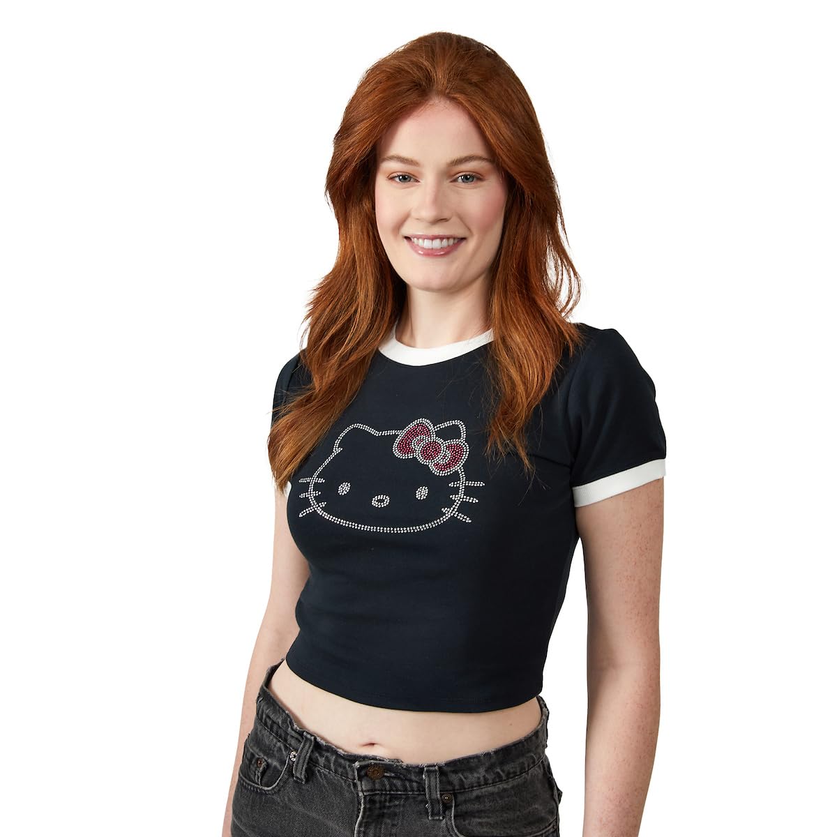 Hello Kitty Character Face Outline Crew Neck Short Sleeve Women's Black Crop Top Baby Tee - Image 3