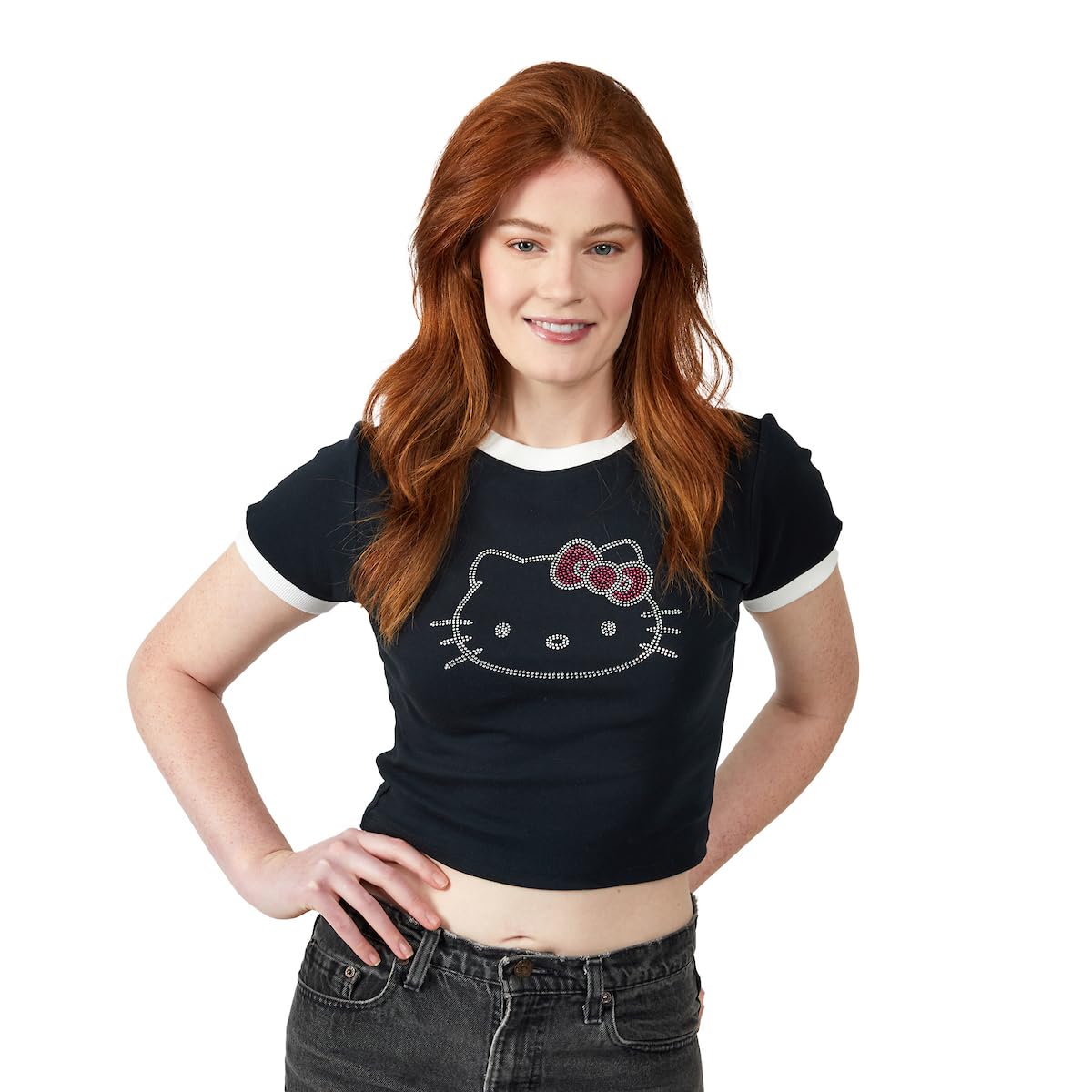 Hello Kitty Character Face Outline Crew Neck Short Sleeve Women's Black Crop Top Baby Tee - Image 4
