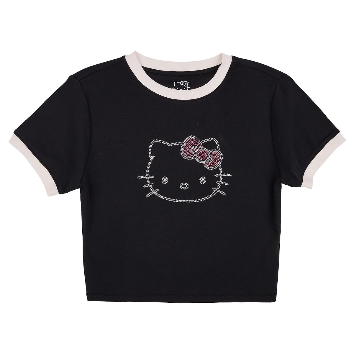Hello Kitty Character Face Outline Crew Neck Short Sleeve Women's Black Crop Top Baby Tee - Image 5