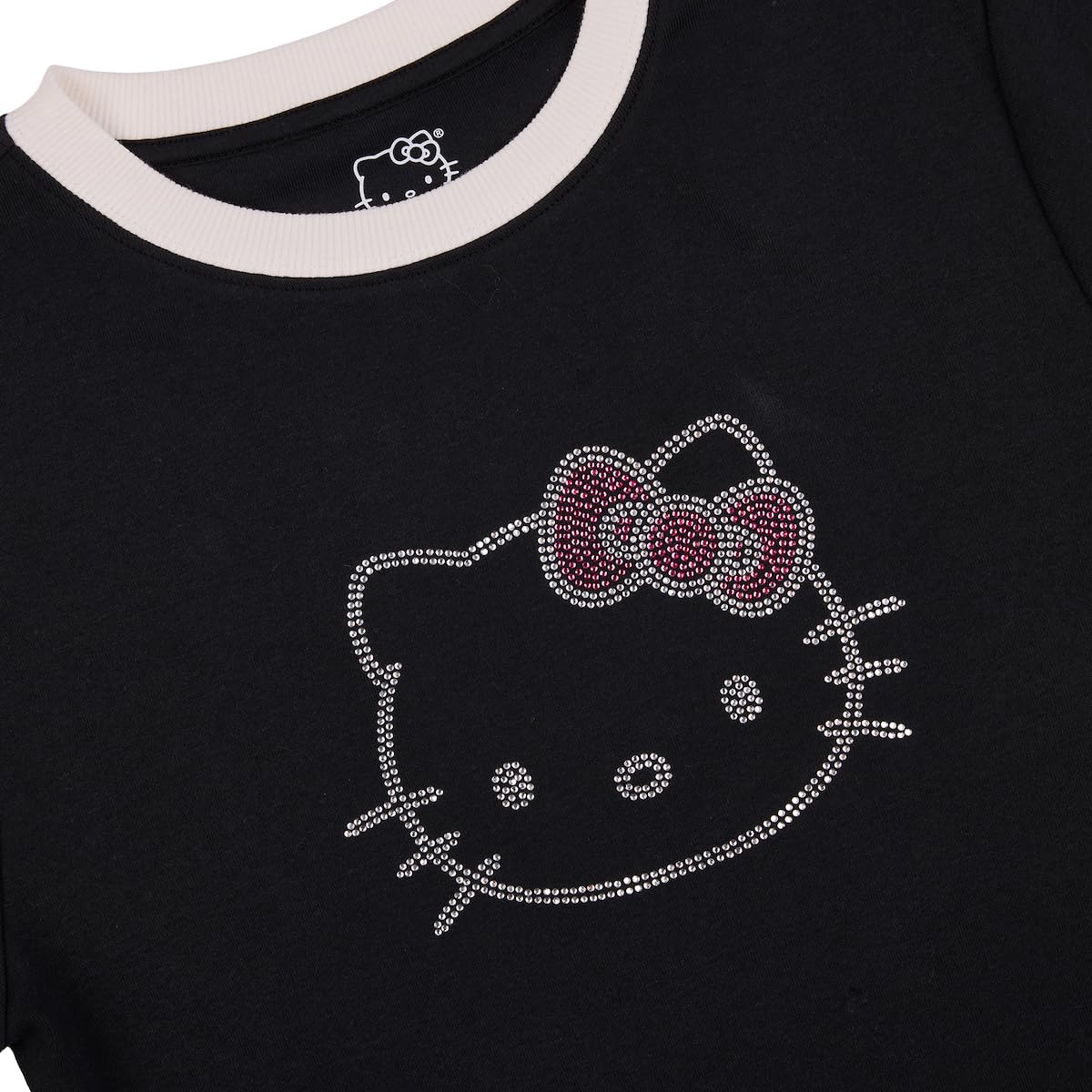 Hello Kitty Character Face Outline Crew Neck Short Sleeve Women's Black Crop Top Baby Tee - Image 6