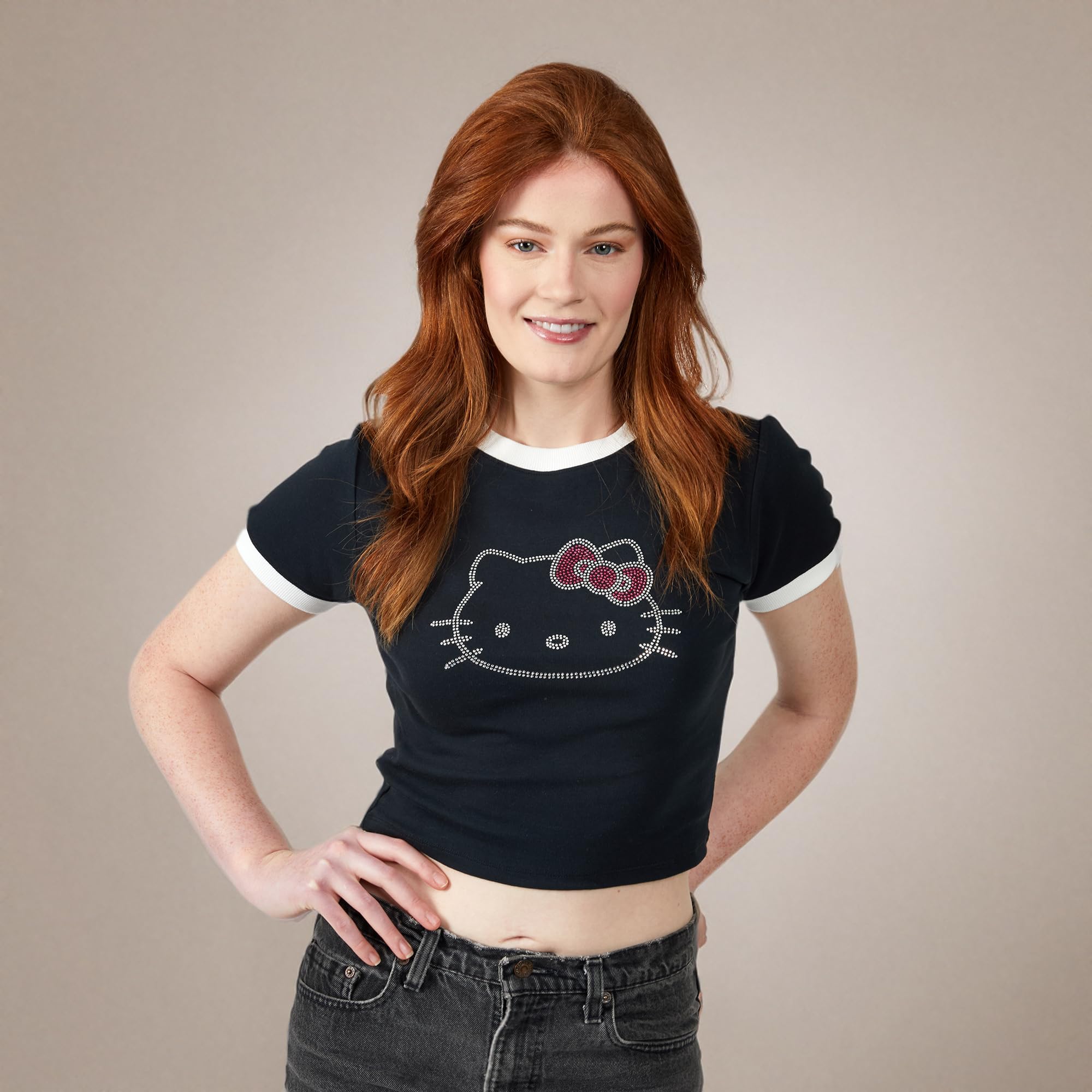 Hello Kitty Character Face Outline Crew Neck Short Sleeve Women's Black Crop Top Baby Tee - Image 8