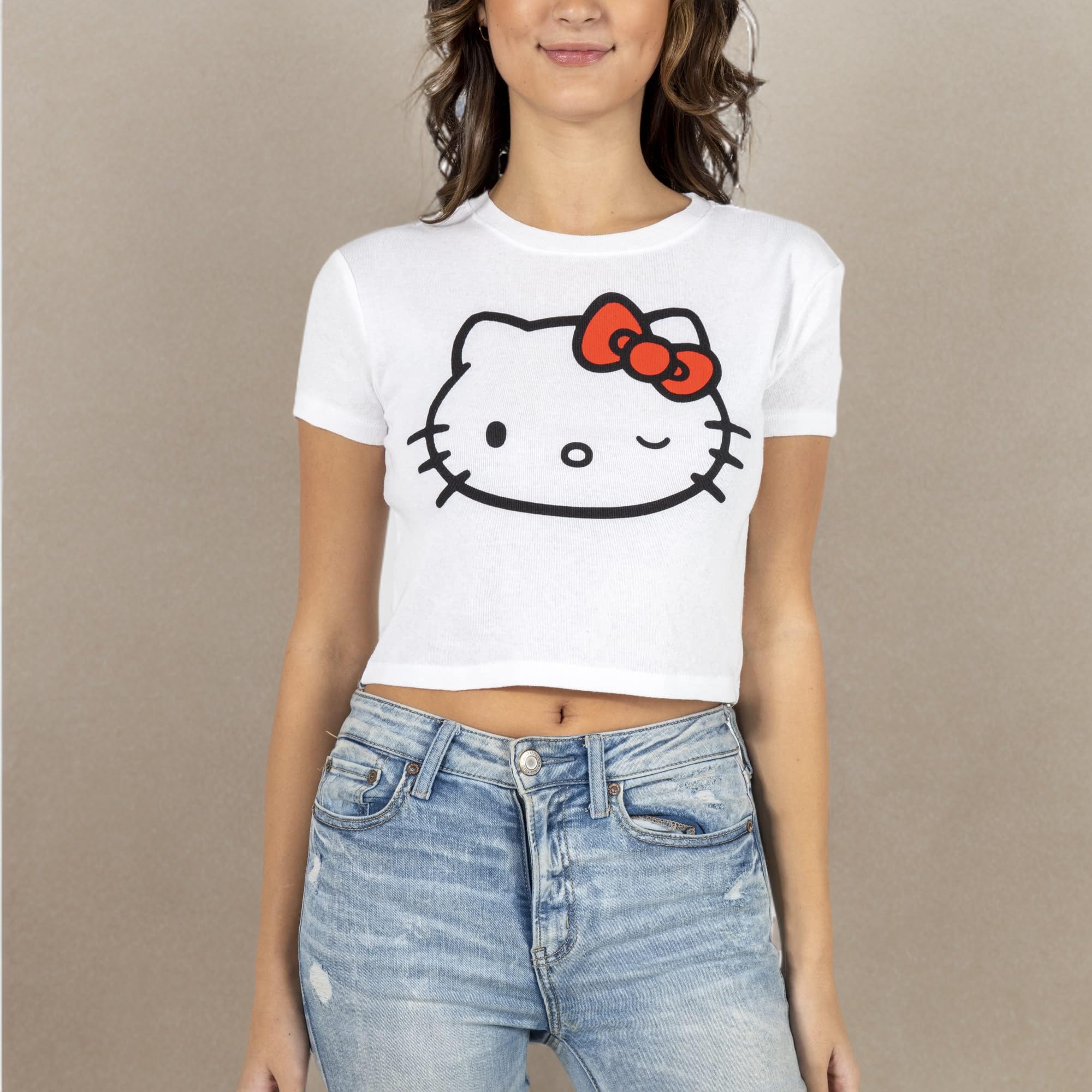 Hello Kitty Face Outline Crew Neck Short Sleeve Women's White Super Crop Baby Tee - Image 5