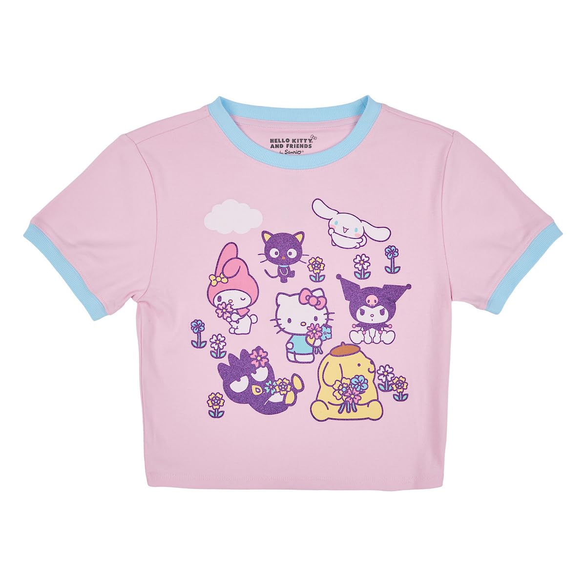 Hello Kitty & Friends Smell The Flowers Glitter Print Crew Neck Short Sleeve Pink Women's Crop TopTee - Image 4