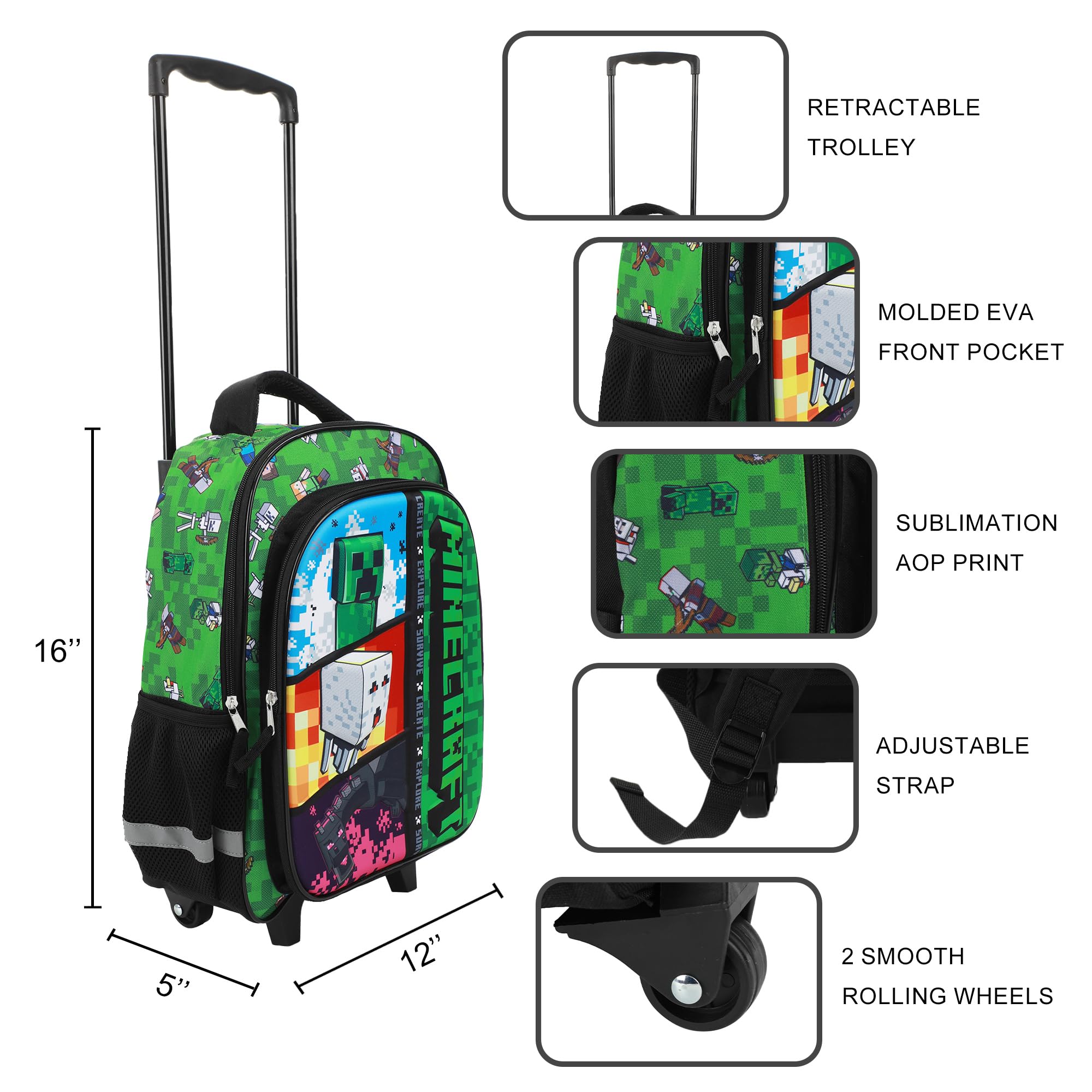 Minecraft Rolling 16” Backpack with Adjustable Handle - Image 8